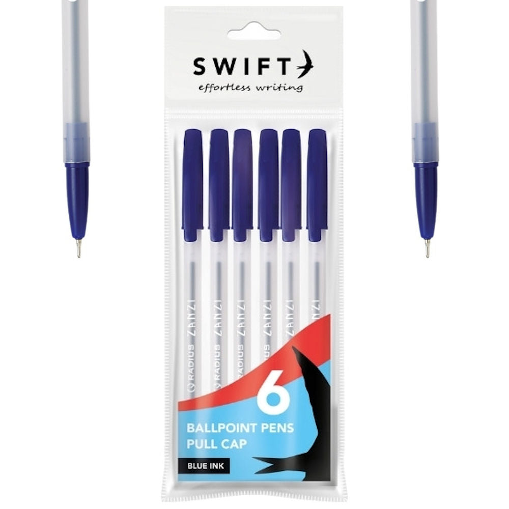 Pull Cap Blue Ballpoint Pens - 6 Pack Smooth Writing Blue Ink