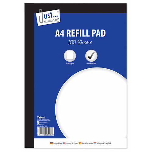 A4 Plain Refill Pad - 100 Sheets Hole Punched Sketching Drawing Art Supplies