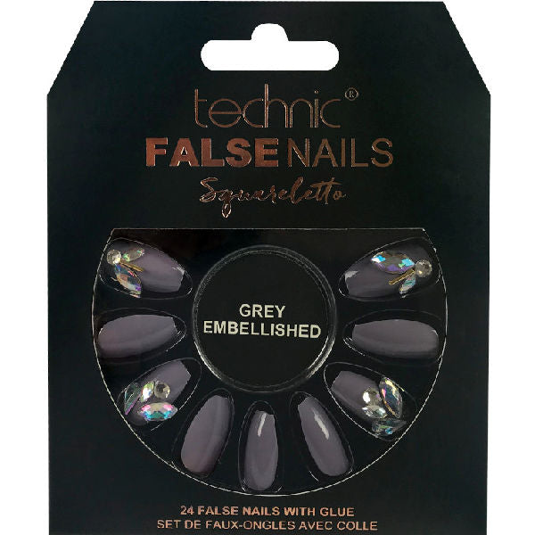 Technic Cosmetics False Nails Squareletto Grey Embellished - Elegant Design Long-Lasting Adhesive Easy Application