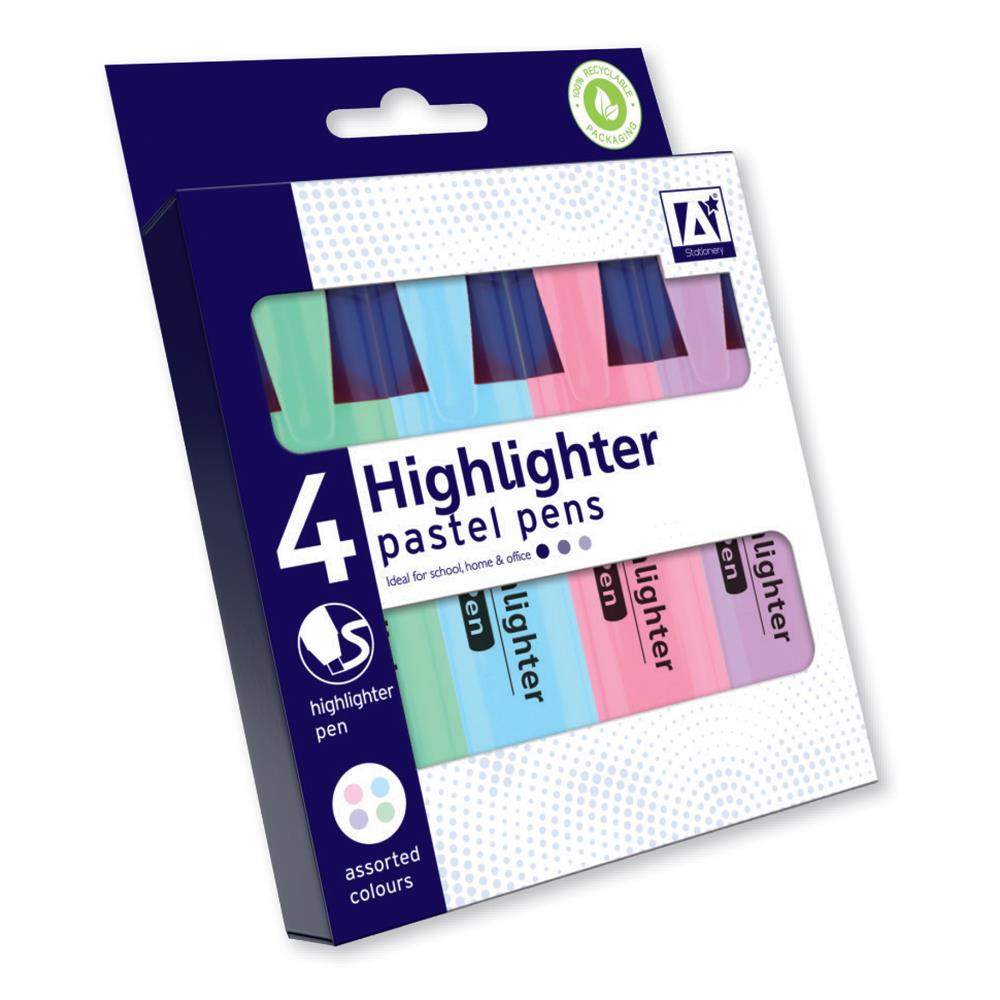 Pastel Highlighters - 4 Pack Soft Colours Gentle Marking Chisel Tip Smear-Proof Ink Study Revision Essentials