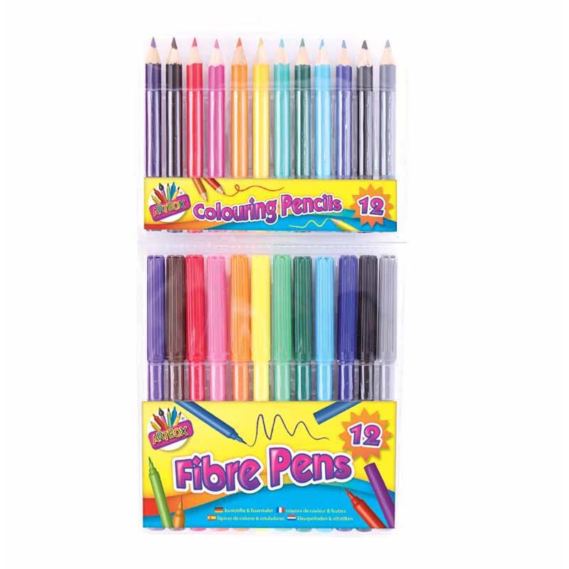 Fibre Pens with Half Sized Pencils - 24 Pack Assorted Colours Art Supplies Drawing Sketching
