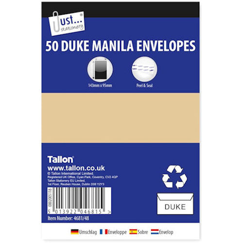 Manila Duke Peel & Seal Envelopes - 50 Pack 143mm x 95mm Office Stationery Mailing