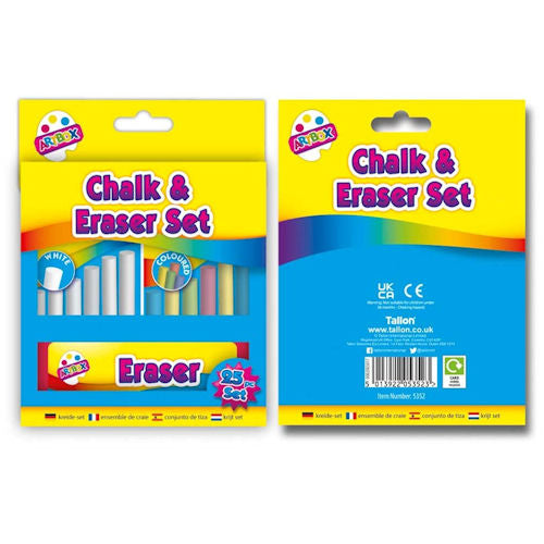 Fun Chalk & Eraser Set - 25 Piece White Chalks Coloured Chalks Kids Art Supplies