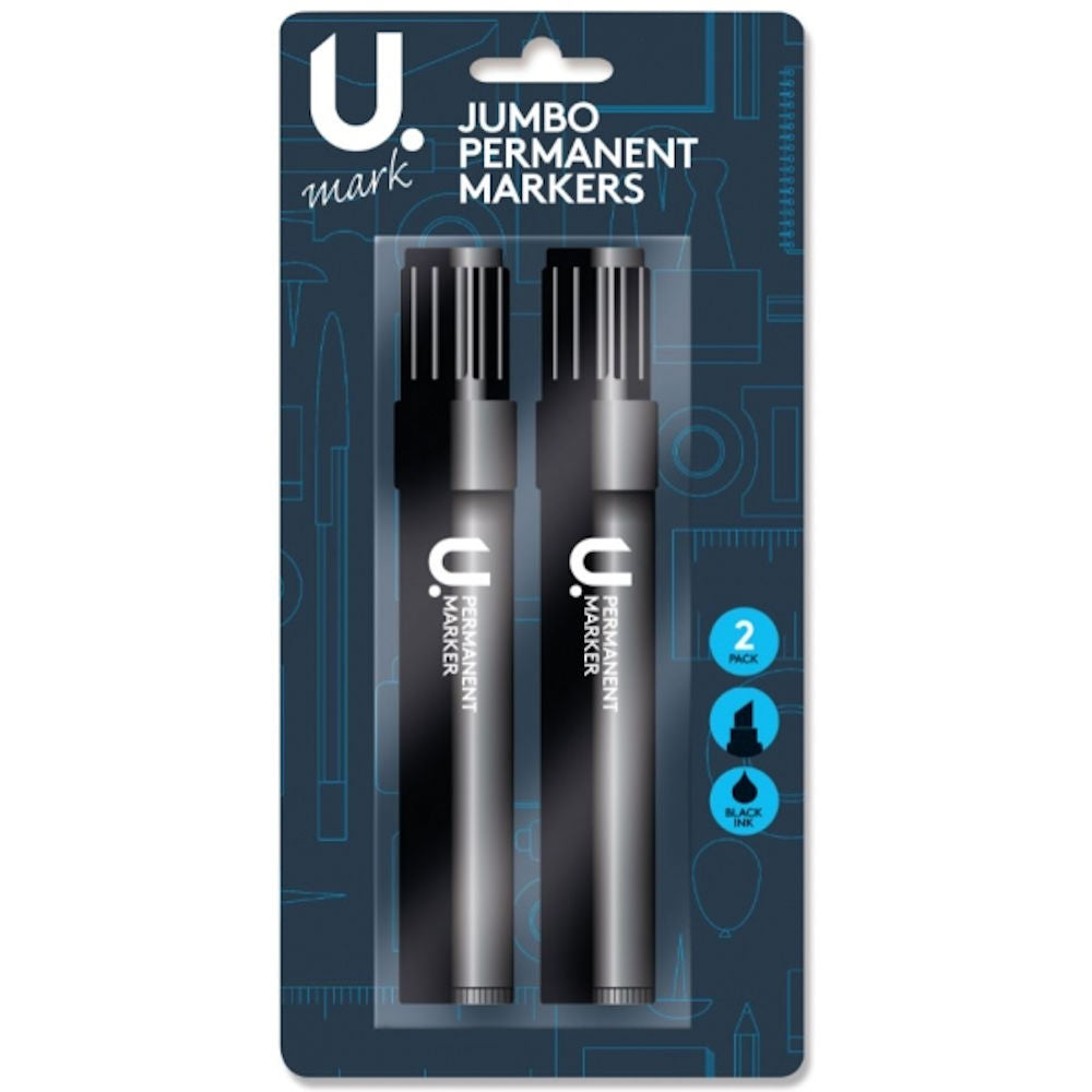 Jumbo Black Ink Permanent Markers - 2 Pack Large Size Bold Writing Permanent Ink Long-Lasting Marks