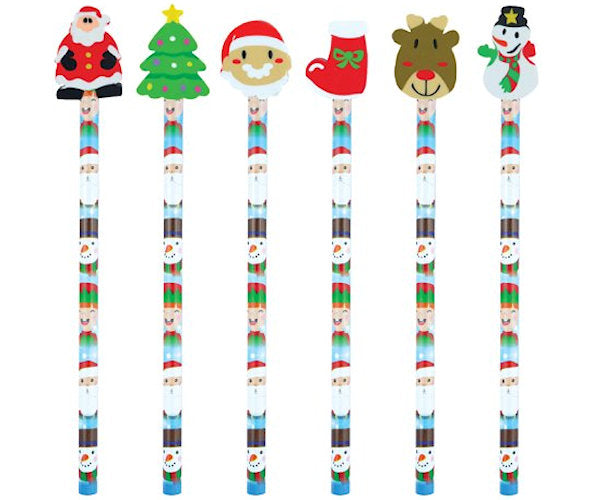 6 Christmas Pencils & Eraser Toppers