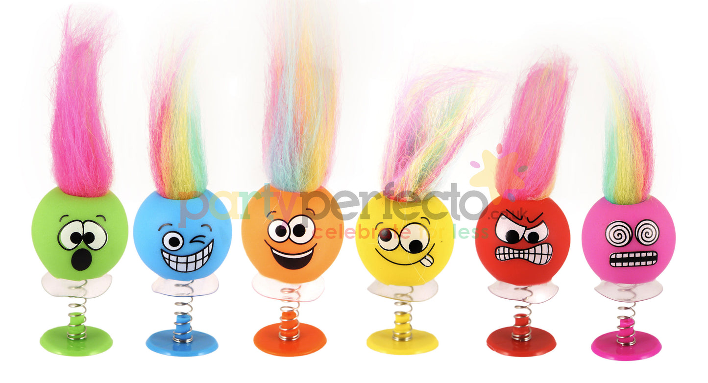 6 Smiley Faces with Hair Jump Ups - Fun Spring Toys Bright Colours Kids Party Bag Fillers