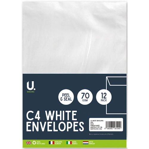 C4 White Envelopes - 12 Pack Peel and Seal Mailing Supplies Office Stationery A4 Document Size