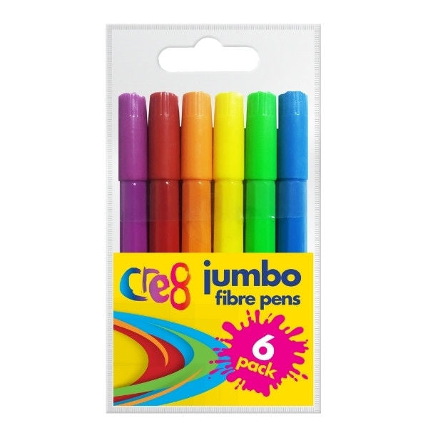 Jumbo Fibre Pens - Kids 6 Pack Large Size Easy Grip Assorted Bright Colours Colouring
