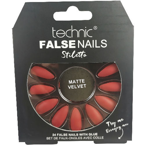 Technic Cosmetics False Nails Stiletto Red Matte Velvet - Luxurious Design Long-Lasting Adhesive Easy Application