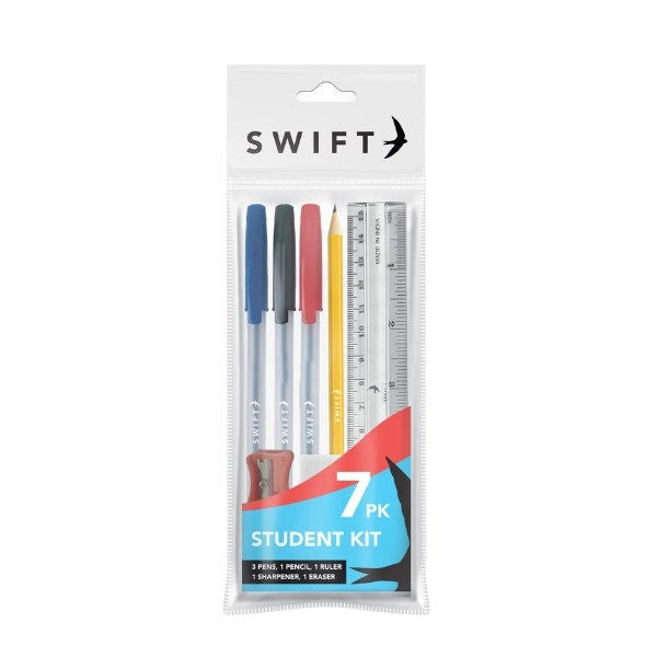 Student Kit - 7 Piece Pens Pencil Ruler Sharpener Eraser Essential Tools School Stationery