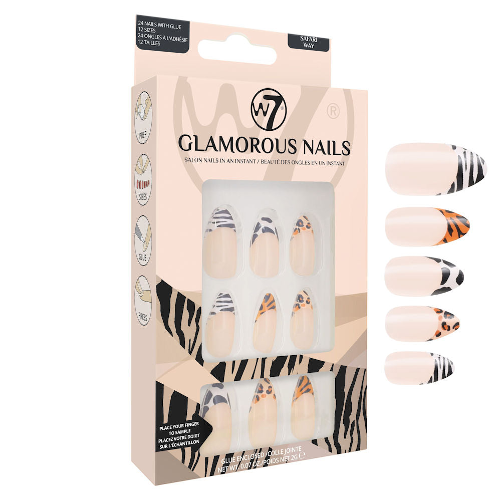 W7 Cosmetics Glamorous False Nails Safari Way - Long Fake Adhesive Included Party Nails