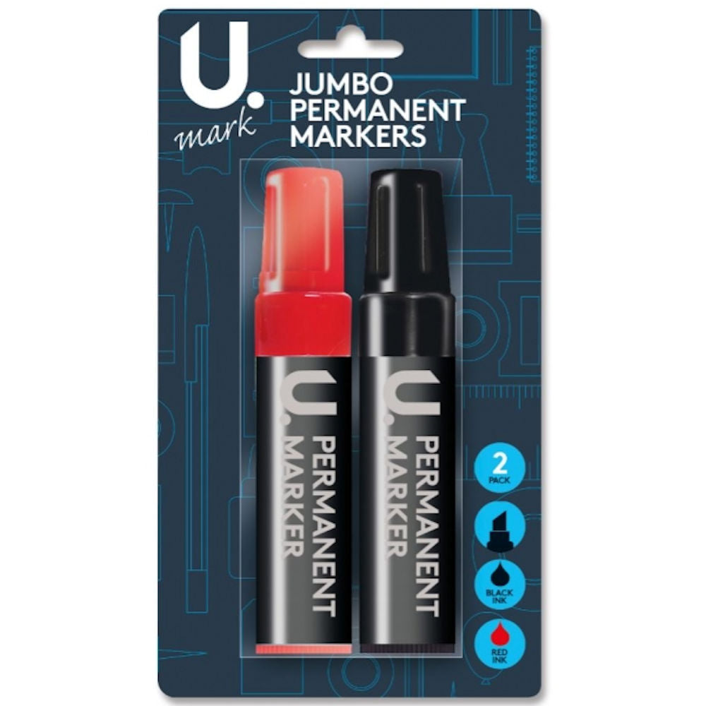 Jumbo Permanent Markers - 2 Pack Large Size Bold Writing Permanent Ink Long-Lasting Marks