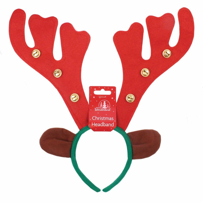 Reindeer Antlers With Bells Headband - Festive Holiday Accessory Fun Christmas Party Wear