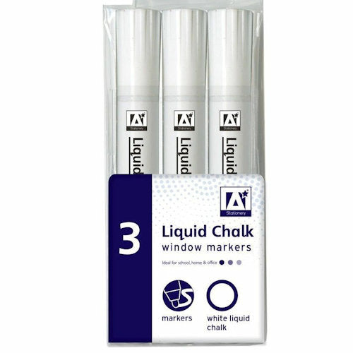 Liquid Chalk White Window Markers - 3 Pack Bright Vivid Ink Glass Windows Mirrors Non-Porous Surfaces