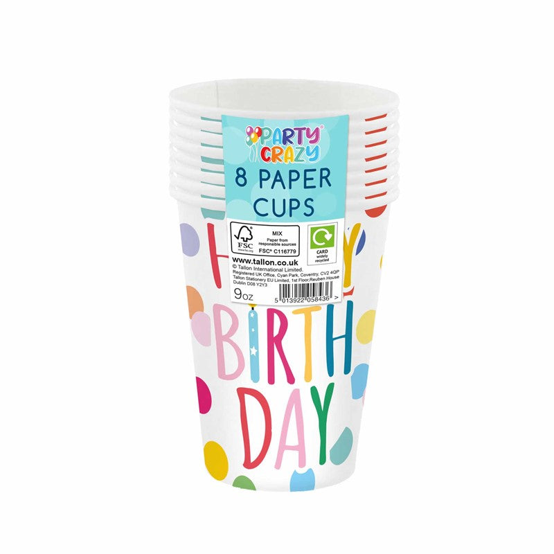 Happy Birthday Design Cups 9oz - 8 Pack Party Tableware Celebration