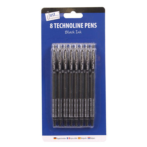 Technoline Black Pens - 8 Pack Smooth Writing Office School Supplies Durable