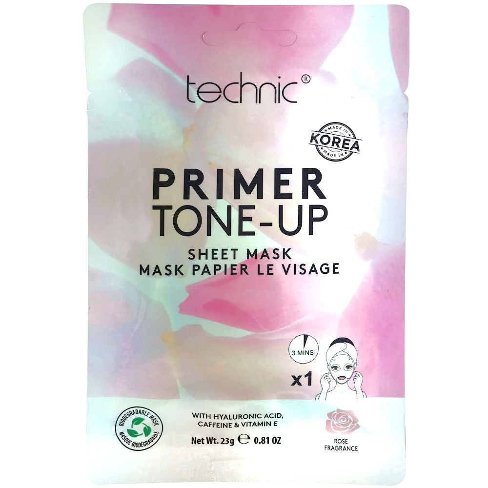 Technic Cosmetics Face Mask Primer Tone Up Sheet Mask with Hyaluronic Acid, Caffeine, and Vitamin E - Hydrating Brightening Energising Formula