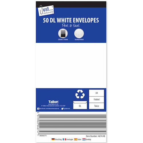 White DL Peel & Seal Envelopes - 50 Pack 220mm x 110mm Office Stationery Mailing