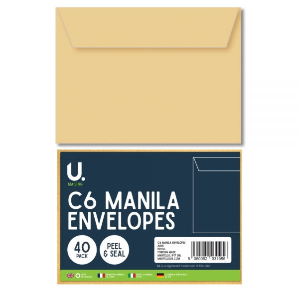 C6 Manila Envelopes - 40 Pack Peel and Seal Office Stationery Mailing Supplies Card Size