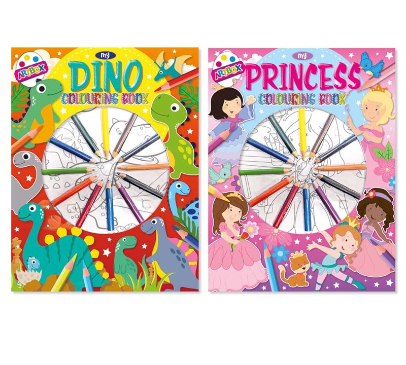 Colouring Book With Pencils - Assorted Dinosaur Princess Kids Art Activity