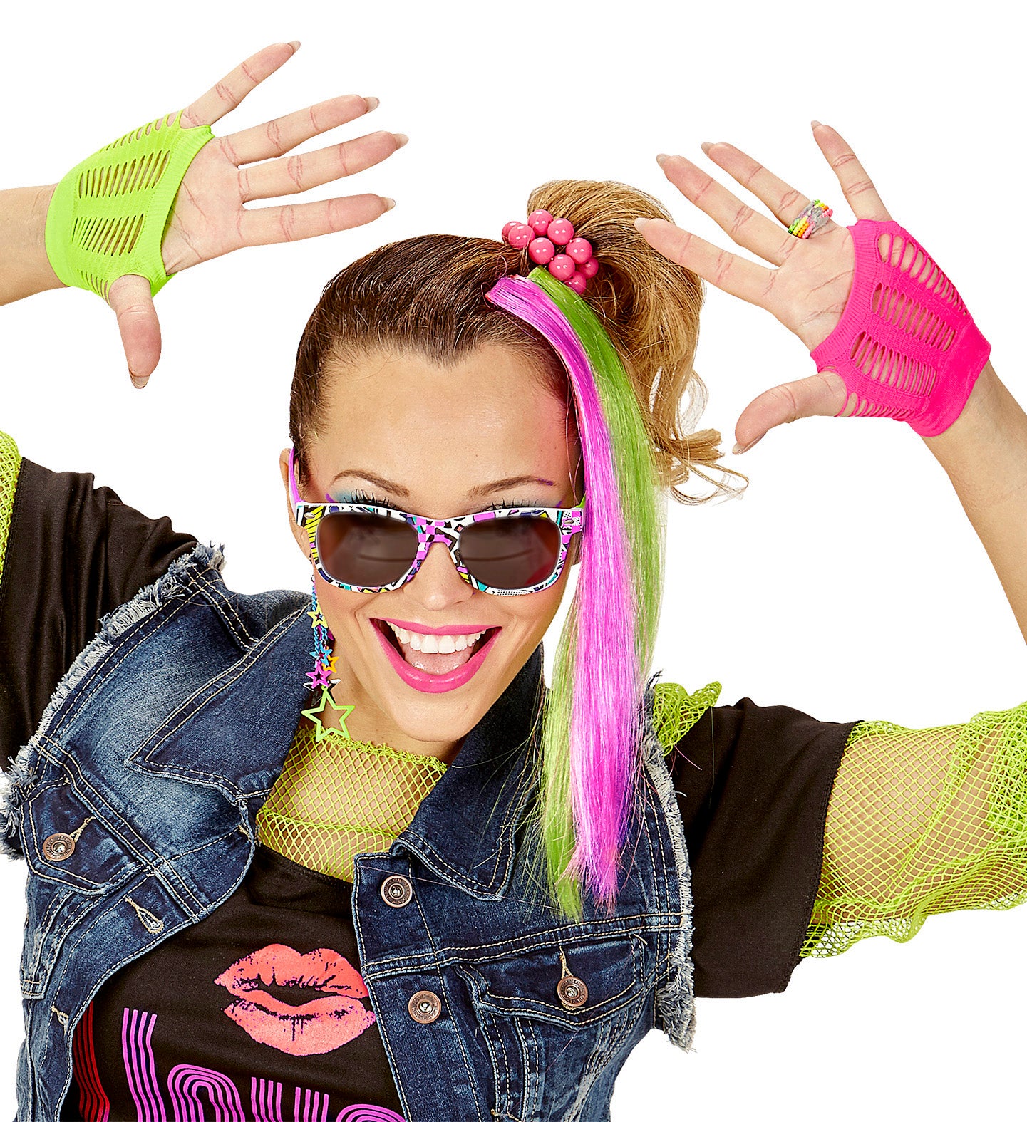 80's Girl Set (2 Neon Hair Extensions, Earring, Gloves & Glasses)
