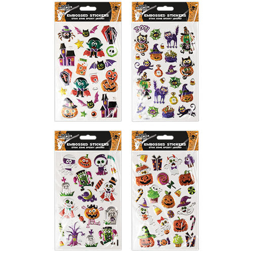 Embossed Foil Halloween Stickers - Assorted Spooky Decoration Party Haunted House Ghost Witch Bat Spider Web