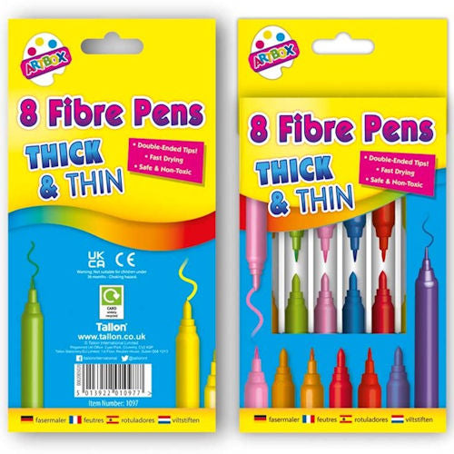Thick & Thin Fibre Pens - 8 Pack Assorted Bright Colours Fast Drying Double Ended Markers