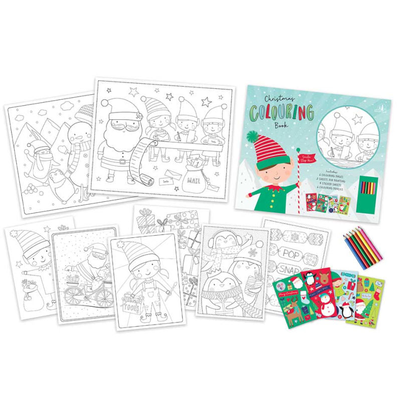 Christmas Colouring Sticker Book - Blue Festive Holiday Fun Kids Cute Colouring Pencils