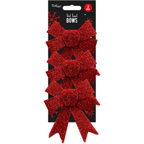 Medium Red Tinsel Bows - 3 Pack Festive Holiday Decoration Christmas Gift Wrapping Ribbon Bow