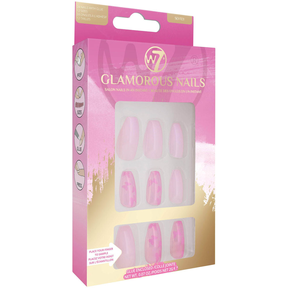 W7 Cosmetics Glamorous False Nails So Fly - Long Fake Adhesive Included Party Nails