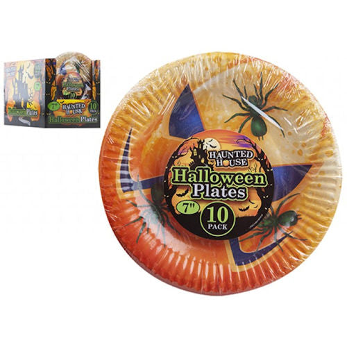 Halloween Pumpkin Paper Plates 7" - 10 Pack Party Tableware Disposable Spooky Spider Design