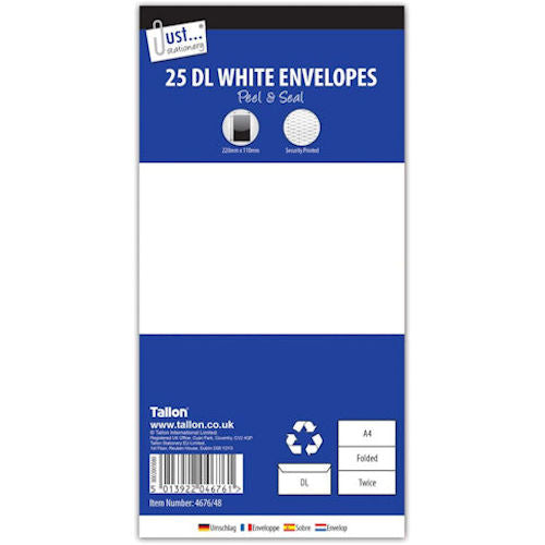 White DL Peel & Seal Envelopes - 25 Pack 220mm x 110mm Office Stationery Mailing