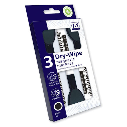Dry Wipe Markers - 3 Pack Black Ink Magnetic Eraser Lid Whiteboards Office