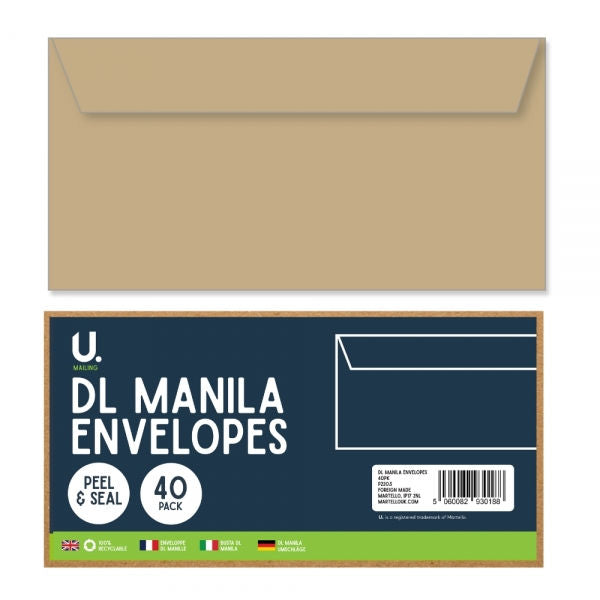 DL Manila Envelopes - 40 Pack Peel and Seal Office Stationery Mailing Supplies Letter Size