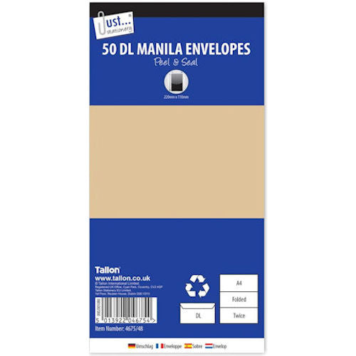 Manila DL Peel & Seal Envelopes - 50 Pack 220mm x 110mm Office Stationery Mailing