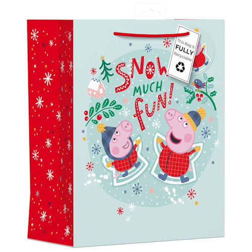 Large Christmas Gift Bag Peppa Pig - 32cm x 26cm Festive Design Featuring Peppa Pig Characters Presenting Gifts Holiday Season