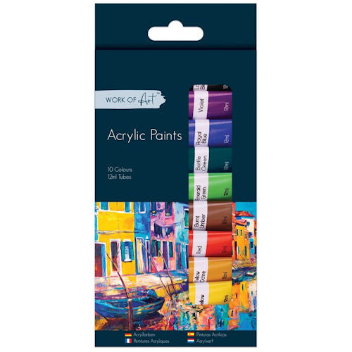 Acrylic Paints - 10 Pack 12ml Tubes Assorted Bright Colours Artist Supplies Craft