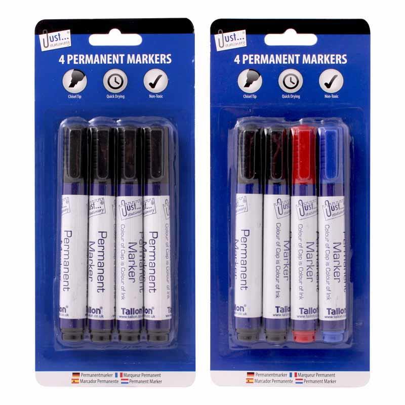 Permanent Markers - 4 Pack Assorted Colours Chisel Tip Quick Drying Writing Drawing