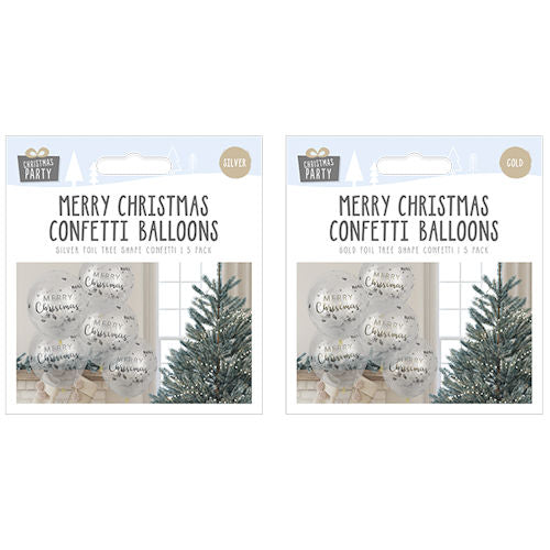 Merry Christmas Confetti Balloons - Assorted 5 Pack Festive Holiday Party Decoration Celebratory Balloons
