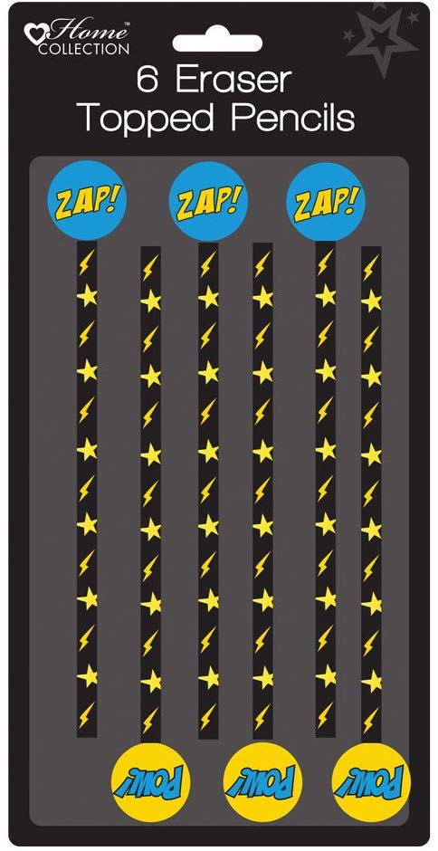 6 Super Hero Pencils & Erasers