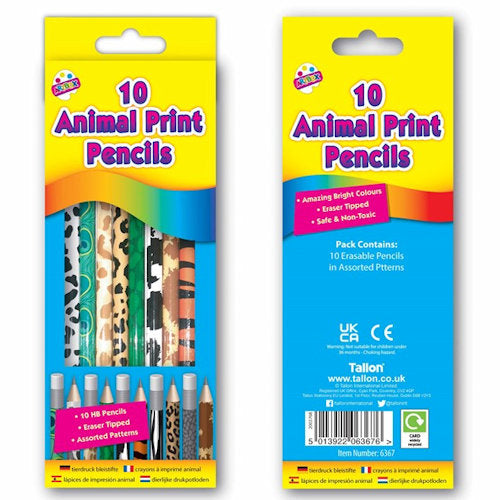 Animal Print HB Pencils - 10 Pack Fun Design School Stationery Writing Drawing