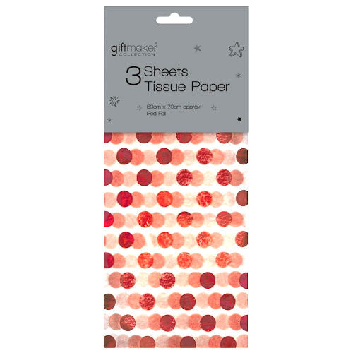 Red Foil Spot Tissue Paper - 3 Sheets 50cm x 70cm Decorative Festive Wrapping Crafting