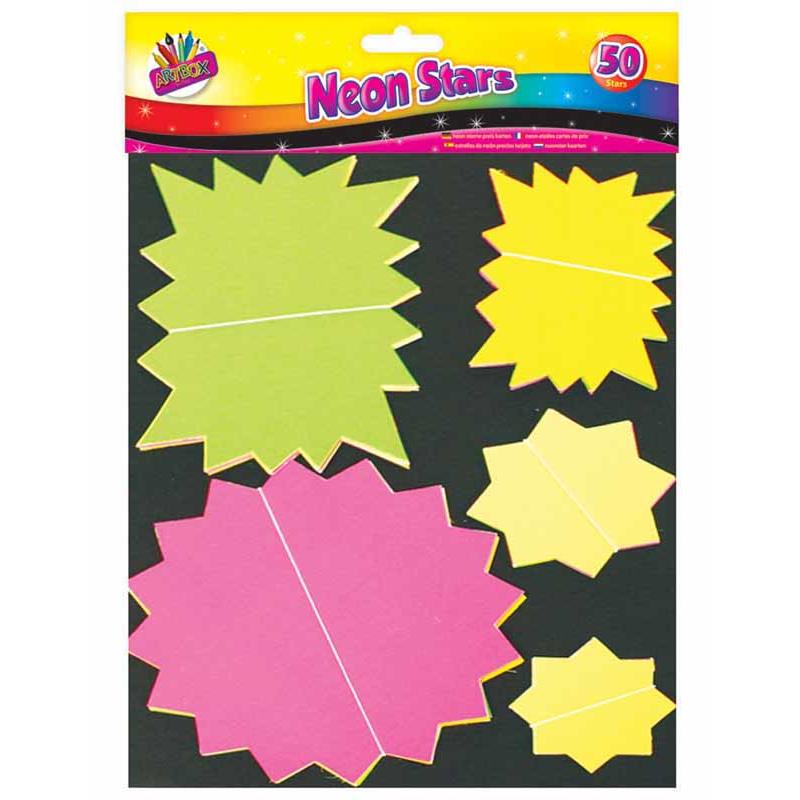 Fluorescent Stars - 50 Pack Wall Decorations Car Boot Sale Bright Assorted Colours