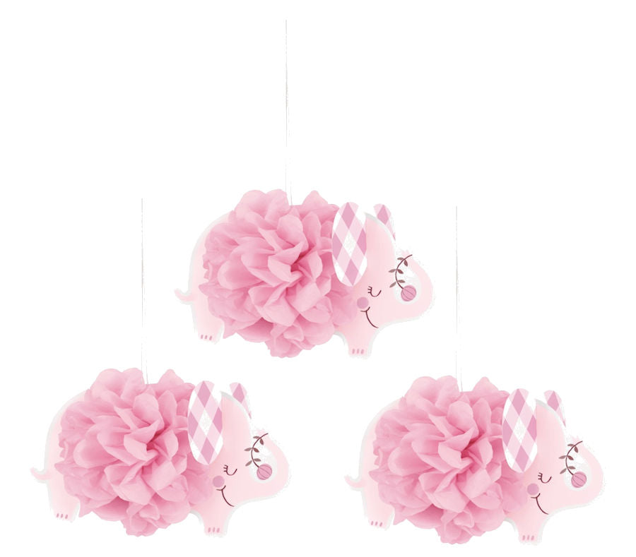 3 Pink Elephant 9" Hanging Tissue Pom Pom Decorations