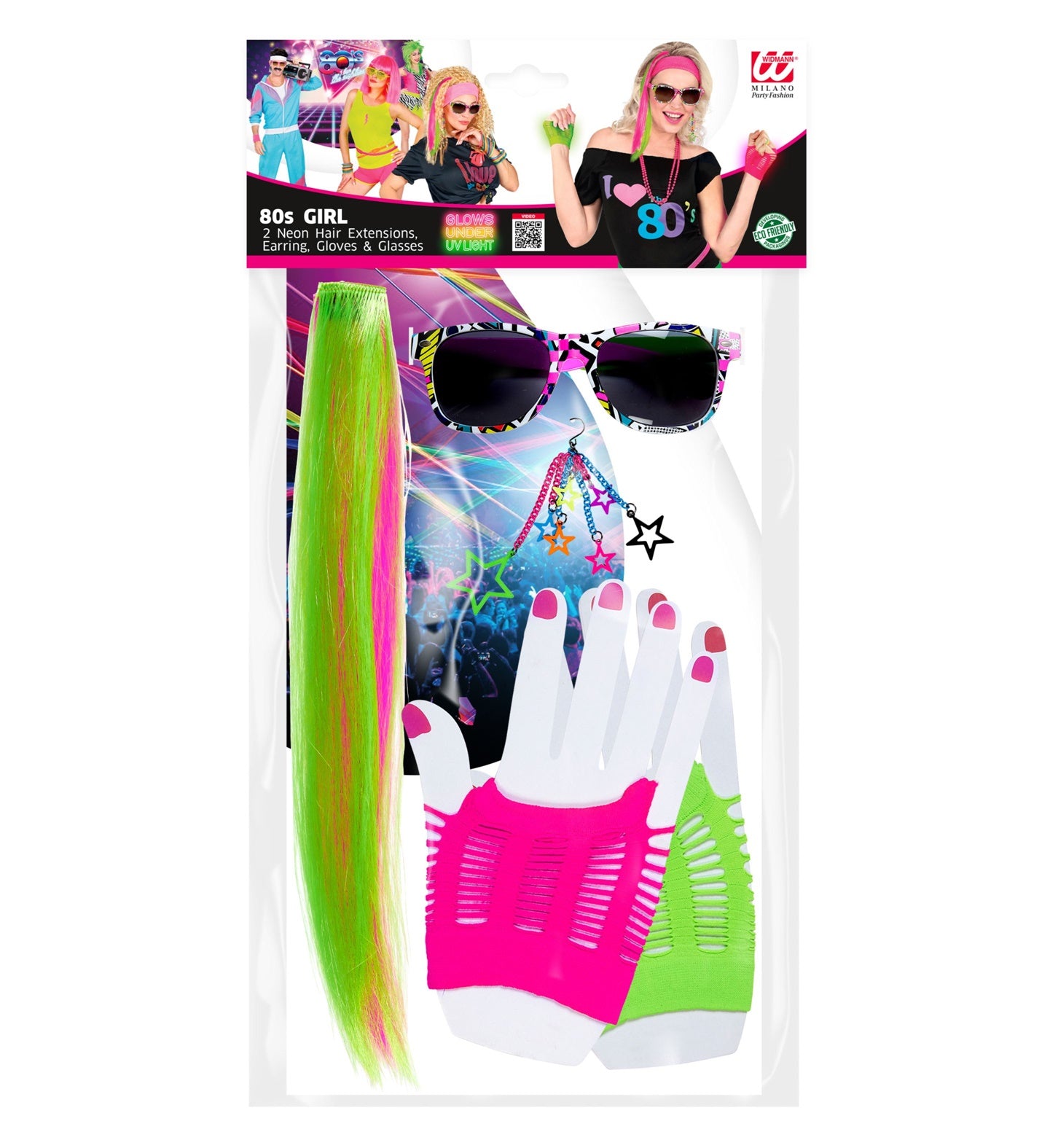 80's Girl Set (2 Neon Hair Extensions, Earring, Gloves & Glasses)
