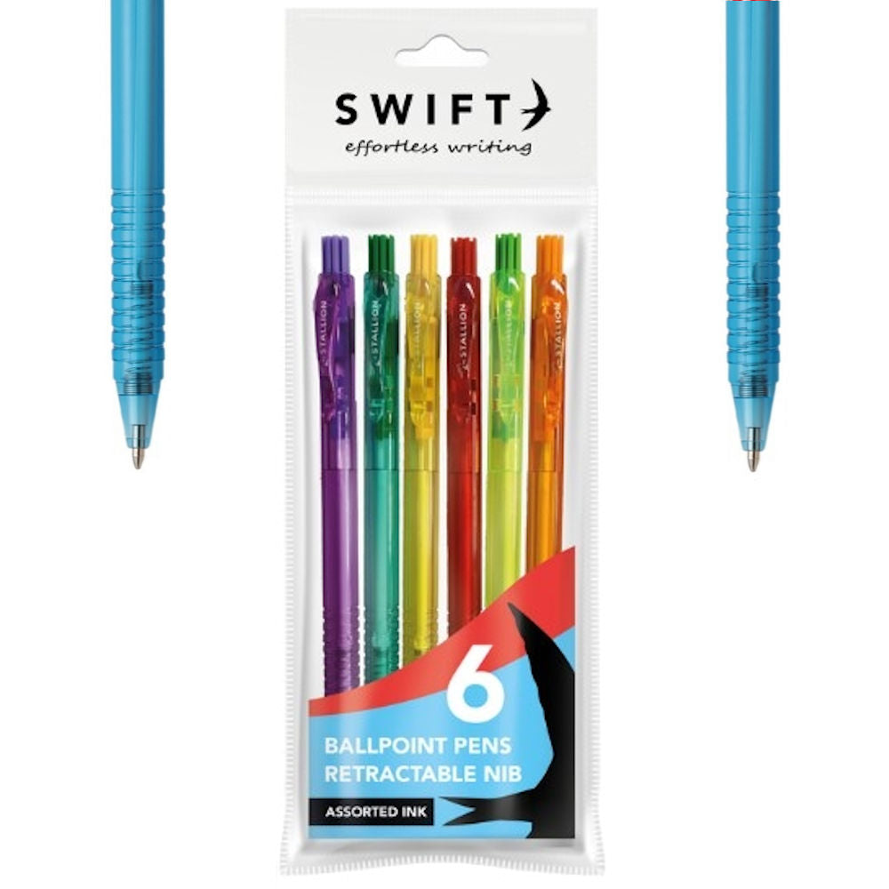 Retractable Colourful Assorted Ballpoint Pens - 6 Pack Convenient Smooth Writing Value