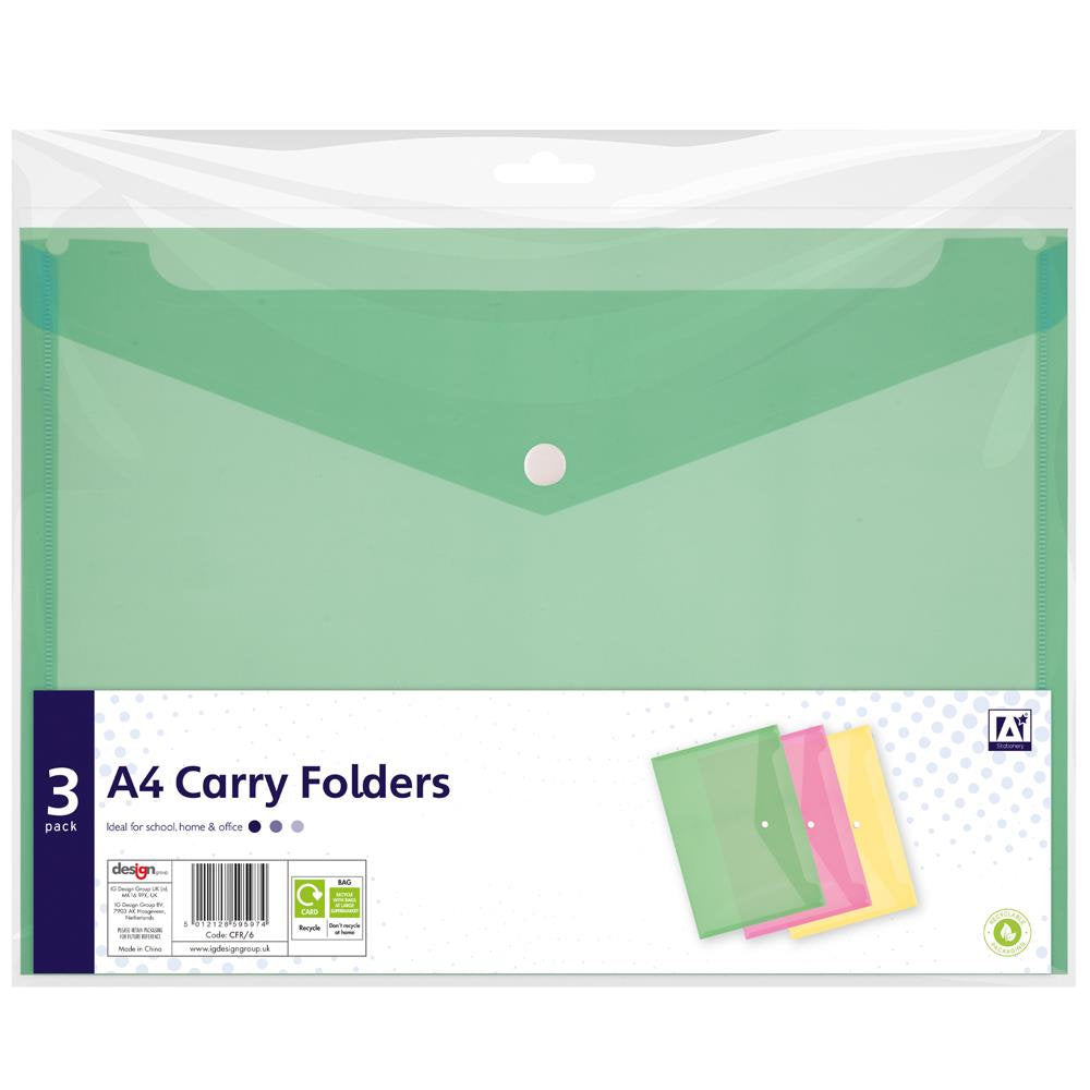 A4 Carry Folders - 3 Pack Assorted Colours Organising Transporting Documents Papers