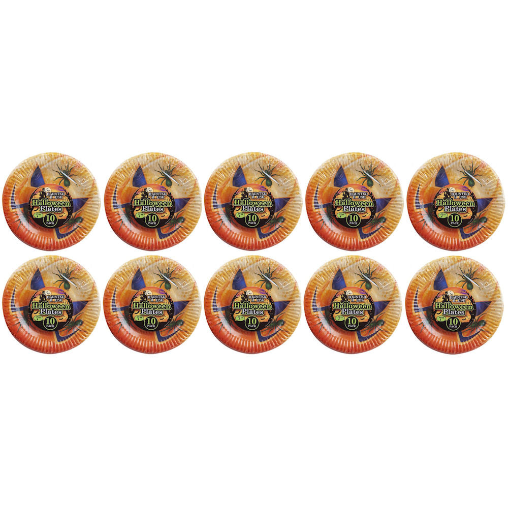 Halloween Pumpkin Paper Plates 7" - 10 Pack Party Tableware Disposable Spooky Spider Design