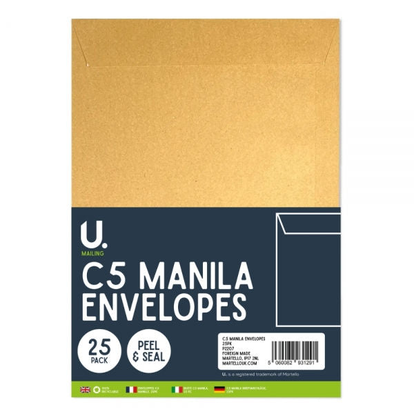 C5 Manila Envelopes - 25 Pack Peel and Seal Mailing Supplies Office Stationery Document Size