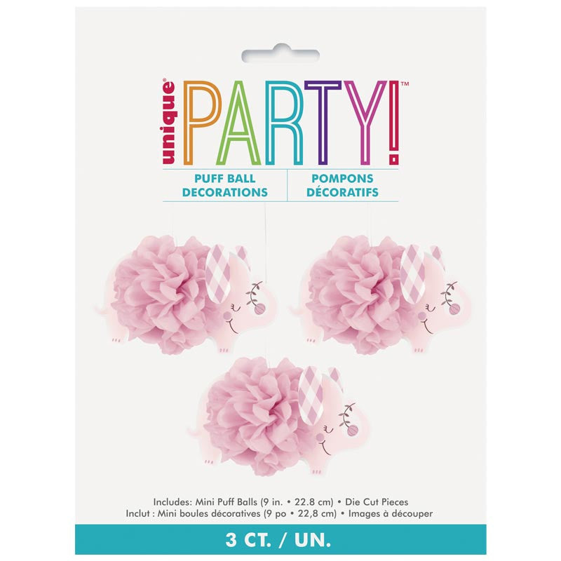 3 Pink Elephant 9" Hanging Tissue Pom Pom Decorations